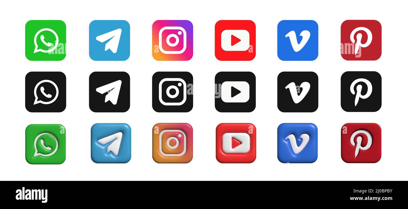 Set di logo per i social media. Icone dei social media 3D. 3D vettore. Illustrazione Vettoriale