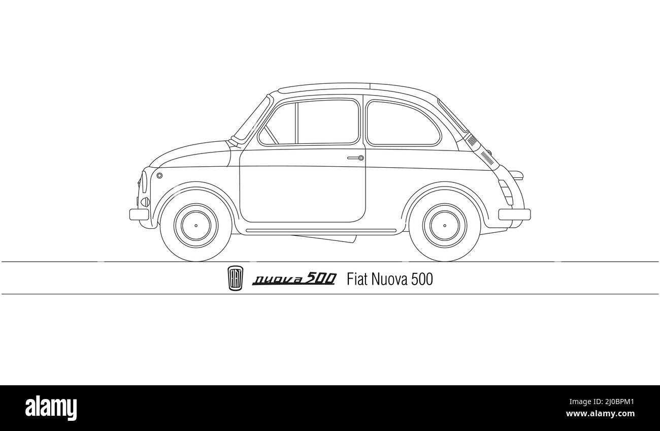 Italia, anno 1957, Nuova Fiat 500 vettura popolare, illustrazione delineata Foto Stock