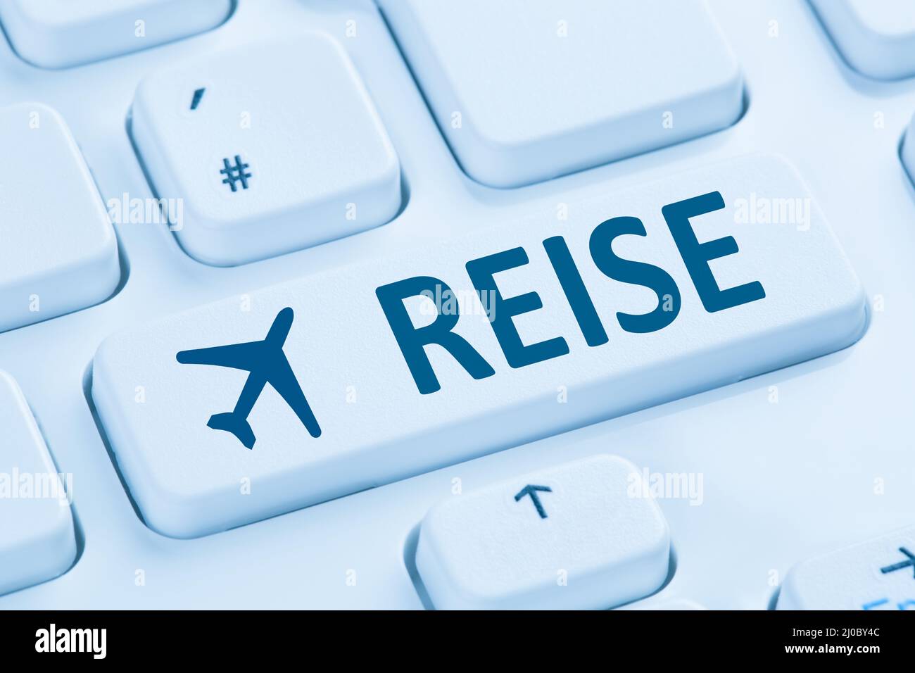 Viaggio volo voli vacanza online prenotazione internet blu computer tastiera Foto Stock
