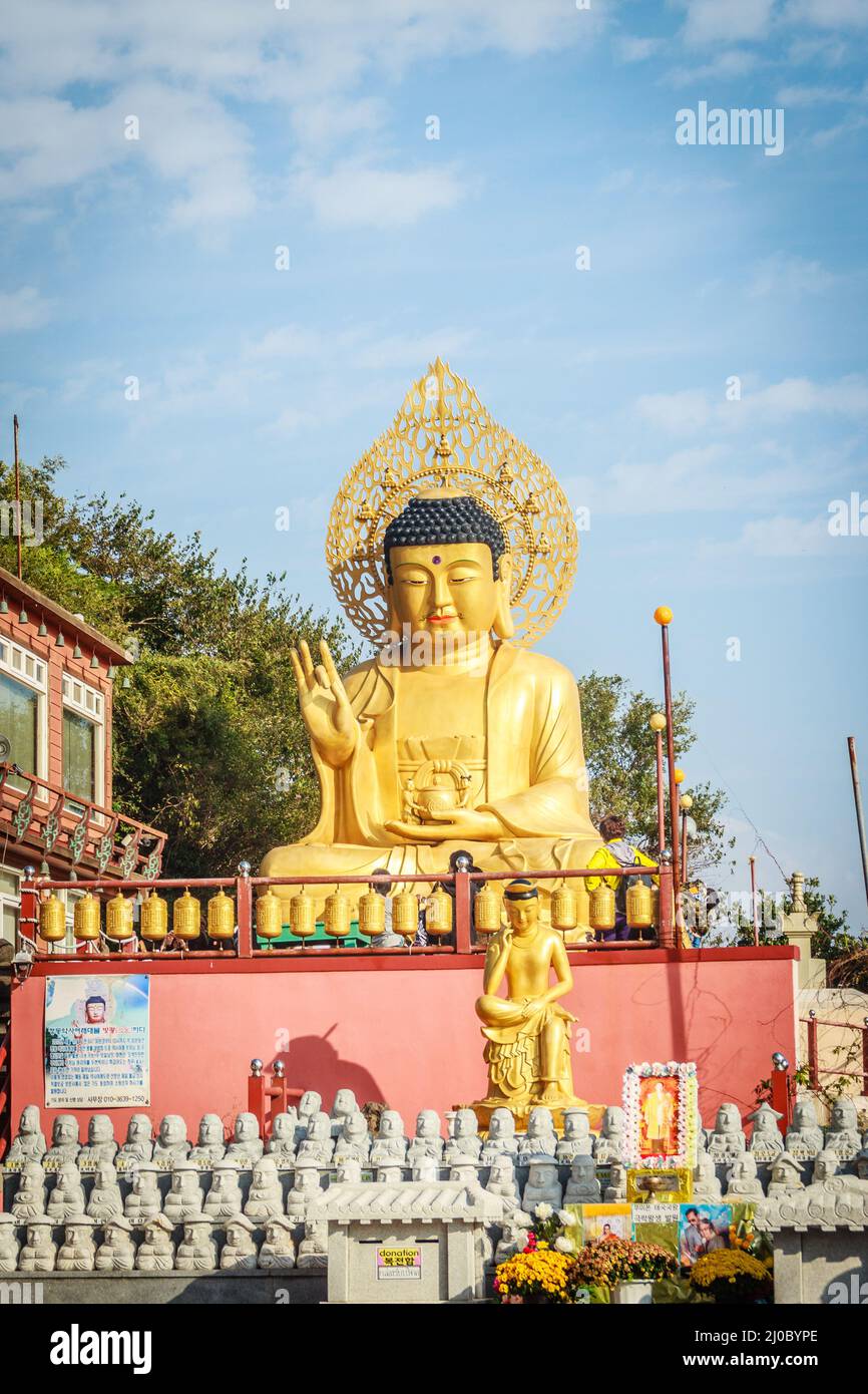 Oro Buddha Gigante, principale statua del Buddha al tempio Sanbanggulsa, Sanbanggulsa è in Jeju-Do, Jeju Island in Corea del Sud Foto Stock
