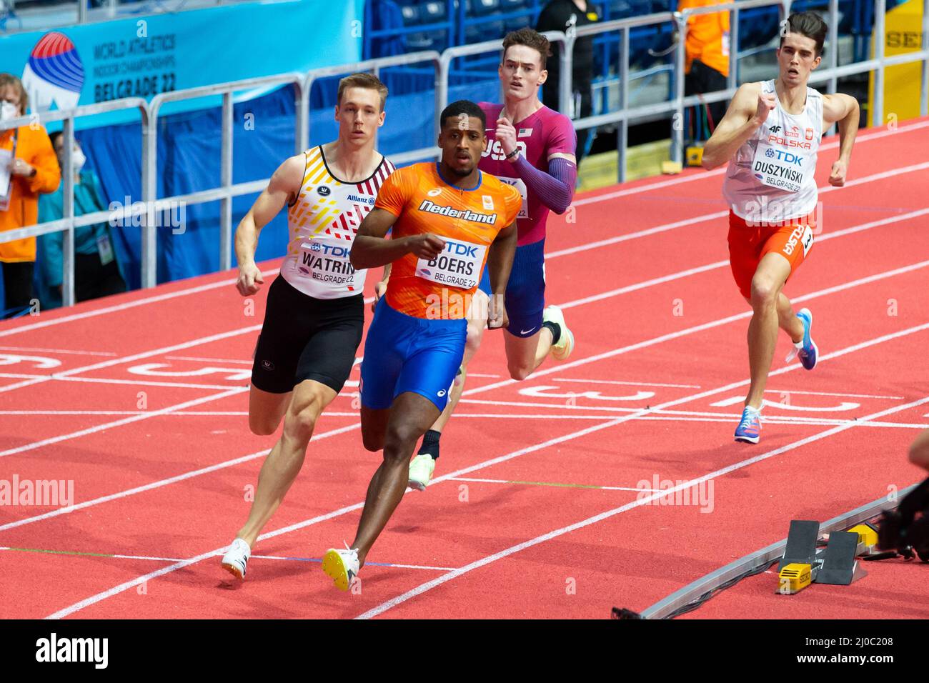 Belgrado, Serbia. 18th Mar 2022. Isayah Boers of the Netherlands in competizione nel 400m Men Round 1 durante i Campionati mondiali di atletica indoor all'Arena di Belgrado il 18 marzo 2022 a Belgrado, Serbia (Foto di Nikola Krstic/Orange Pictures) Atletiekunie Credit: Orange Pics BV/Alamy Live News Credit: Orange Pics BV/Alamy Live News Foto Stock
