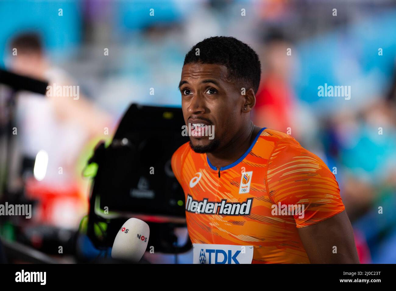 Belgrado, Serbia. 18th Mar 2022. Isayah Boers of the Netherlands dopo aver gareggiato nel 400m Men Round 1 durante il World Athletics Indoor Championships alla Belgrade Arena il 18 marzo 2022 a Belgrado, Serbia (Foto di Nikola Krstic/Orange Pictures) Atletiekunie Credit: Orange Pics BV/Alamy Live News Credit: Orange Pics BV/Alamy Live News Foto Stock