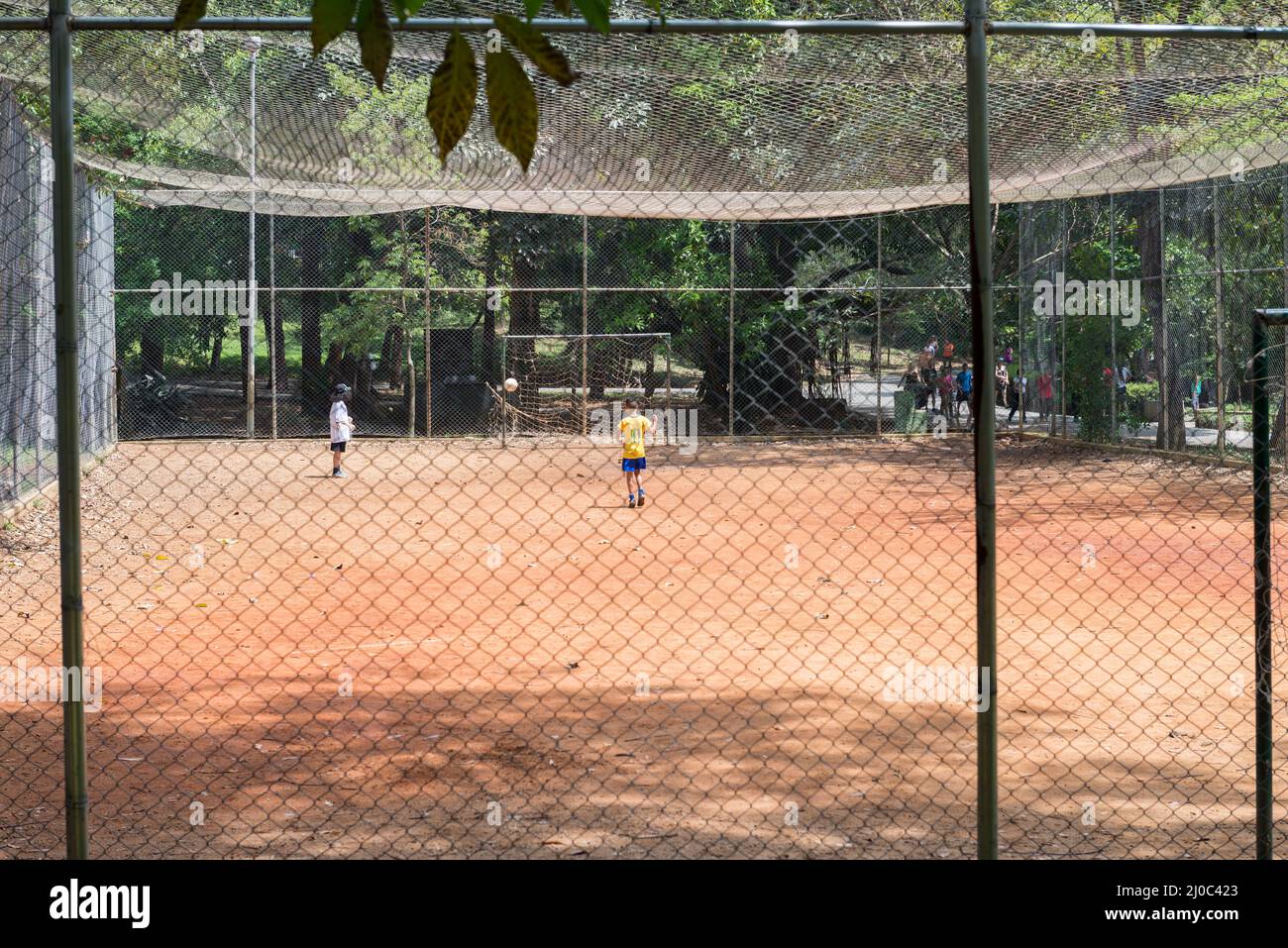 Bambini che giocano a calcio all'Aclimacao Park di Sao Paulo Foto Stock