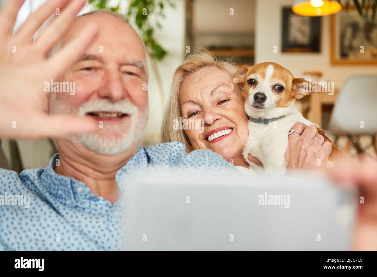 Coppia felice di anziani con il cane piccolo hanno video chat divertente con la famiglia a casa Foto Stock