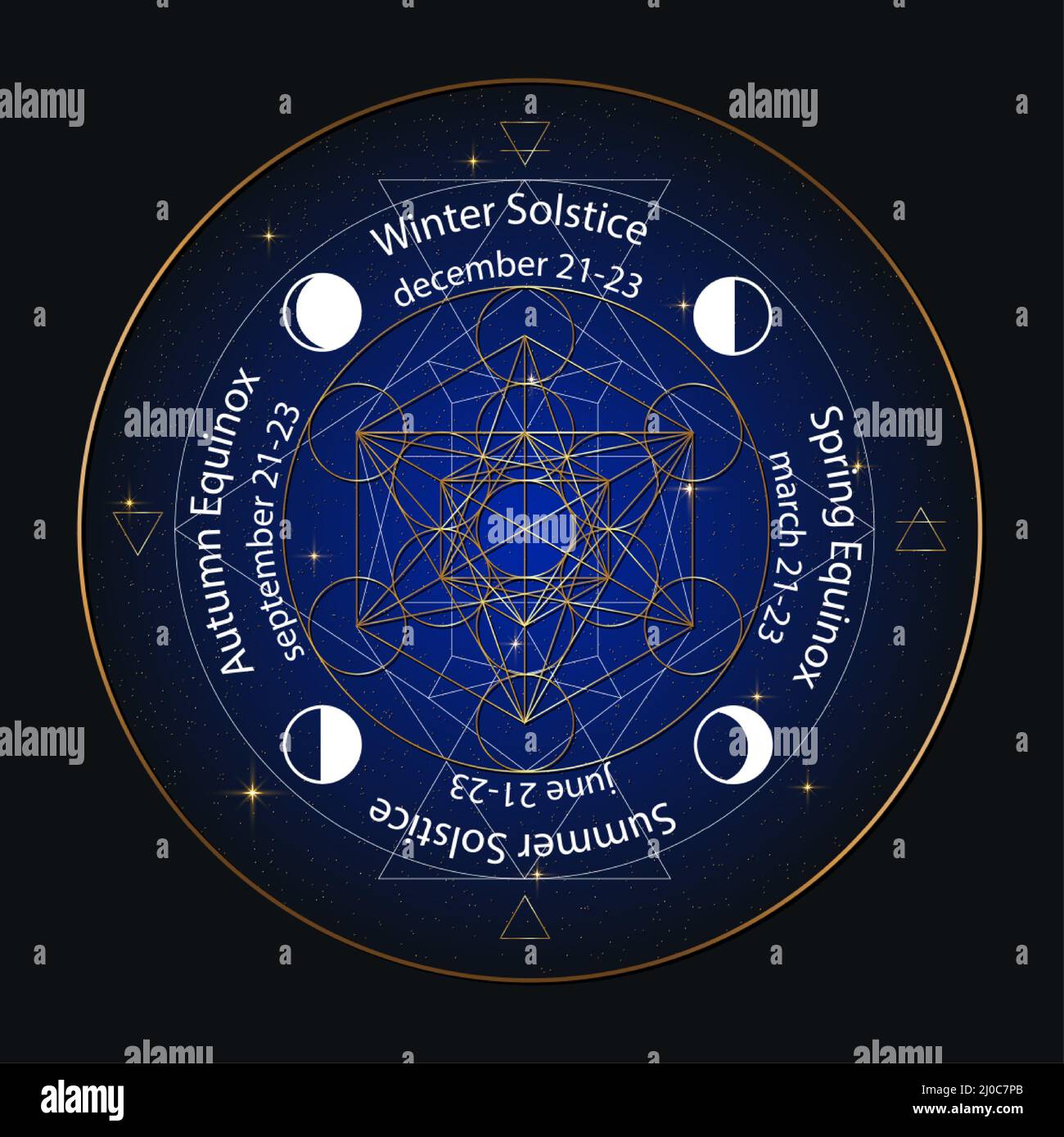 cerchio di solstice ed equinox stilizzato come disegno geometrico lineare con linee sottili bianche e dorate sullo sfondo del cielo notturno con date e nomi Illustrazione Vettoriale