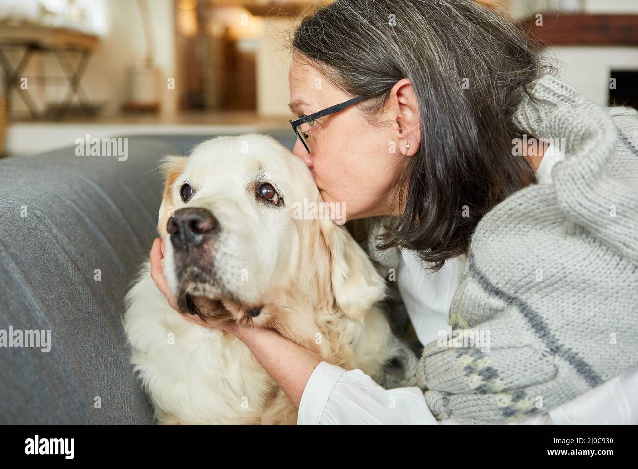Donna anziana che dà al suo cane Retriever un bacio a casa sul divano per l'amicizia e l'amore animale Foto Stock