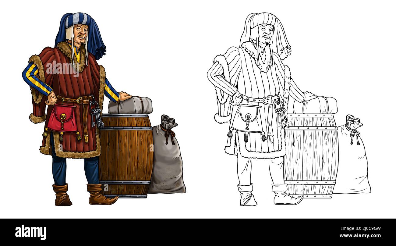 Professione - commerciante. Illustrazione con mercante medievale con merci. Modello per libro da colorare. Foto Stock