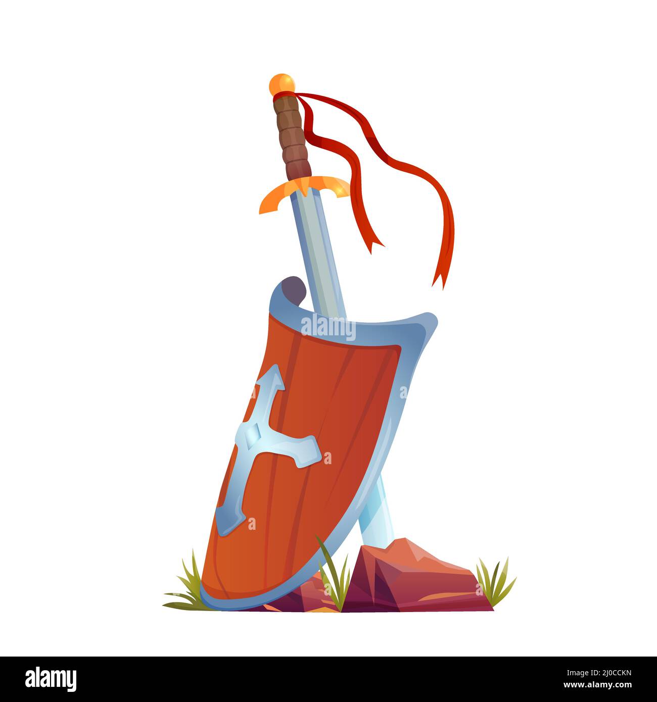 Scudo e spada grande isolato su sfondo bianco. Illustrazione Vettoriale