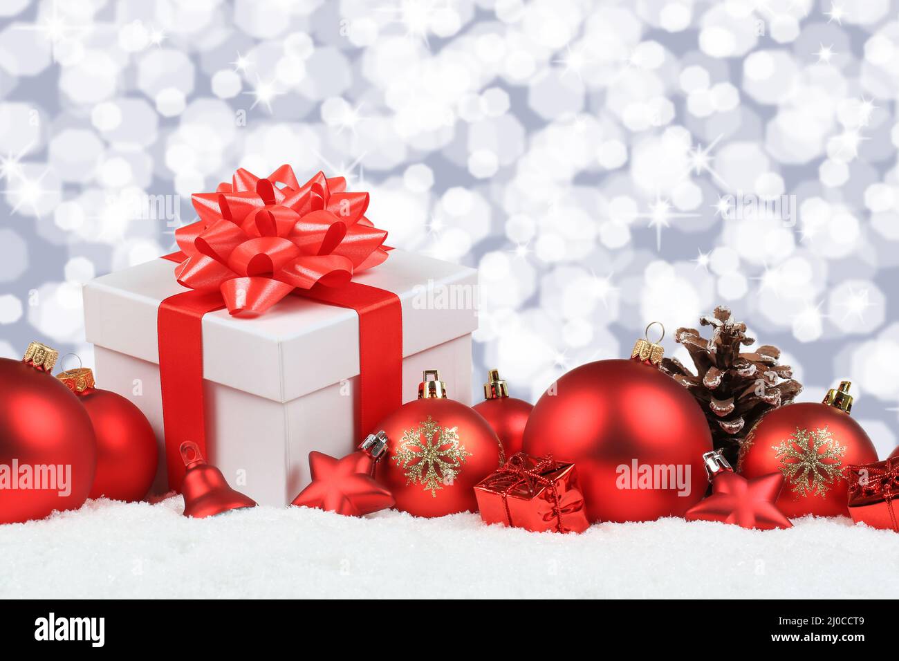 Regali di Natale decorazione inverno neve stella testo libero spazio Foto Stock