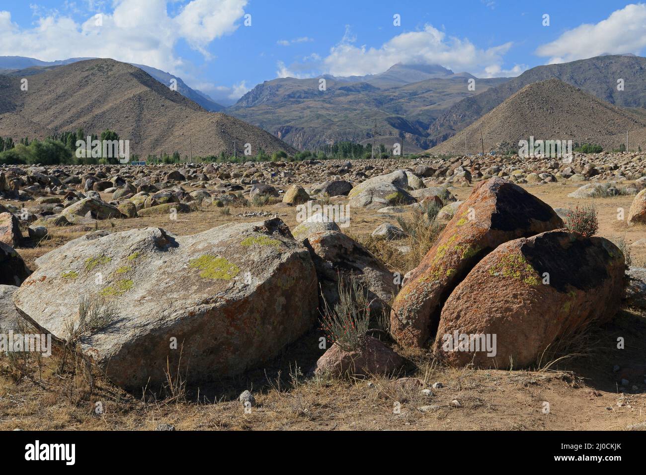 Blocchi irregolari vicino Tscholponata verso Transili Alatau Range, Kirghizistan Foto Stock