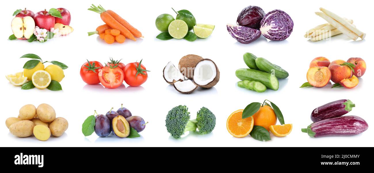 Frutta e verdura raccolta di frutta mele, arance, patate piatto senza cibo Foto Stock