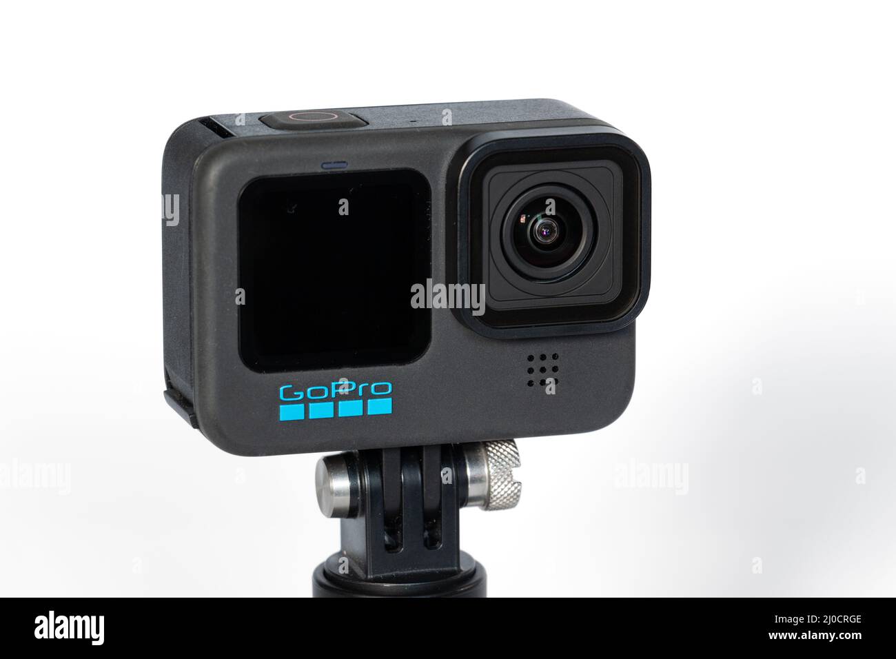 Action camera GoPro Hero 10 su sfondo bianco Foto Stock