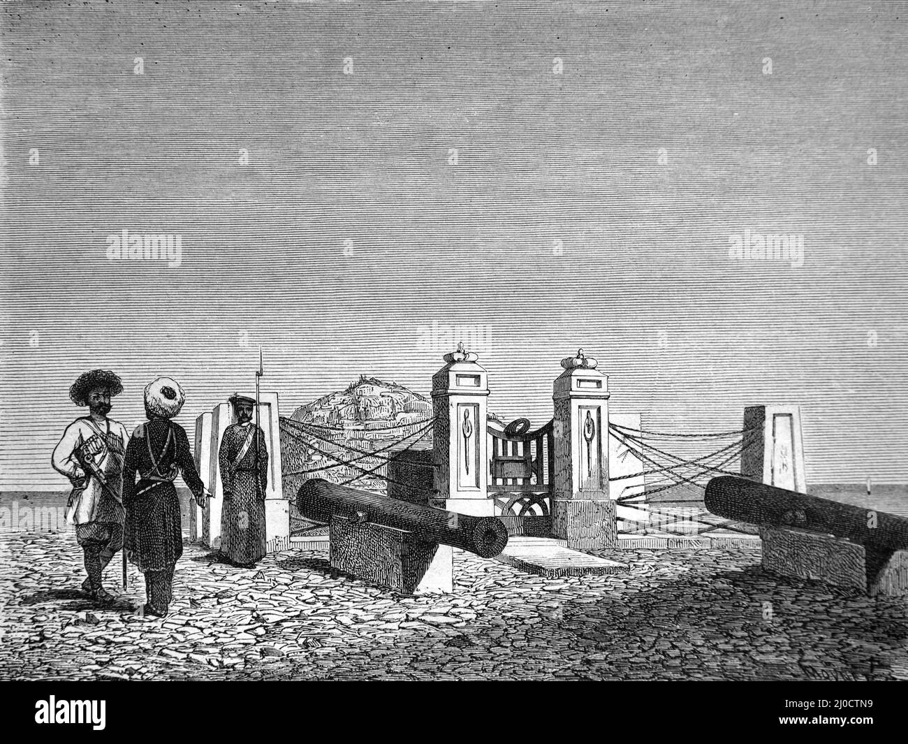 Pietro il Grande Monumento, o Memoriale a Pietro il Grande, Derbent o Derbend Dagestan Russia. Illustrazione o incisione vintage 1860. Foto Stock