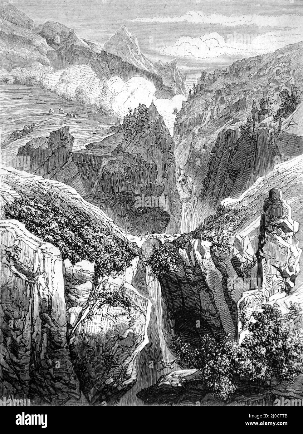 Pont-du-Diable sul fiume del Diavolo o Vénéon Tottent vicino a Saint-Christophe-en-Oisans nel Massif des Ecrins Parco Nazionale degli Ecrins Isère Alpi francesi Francia. Illustrazione o incisione vintage 1860. Foto Stock