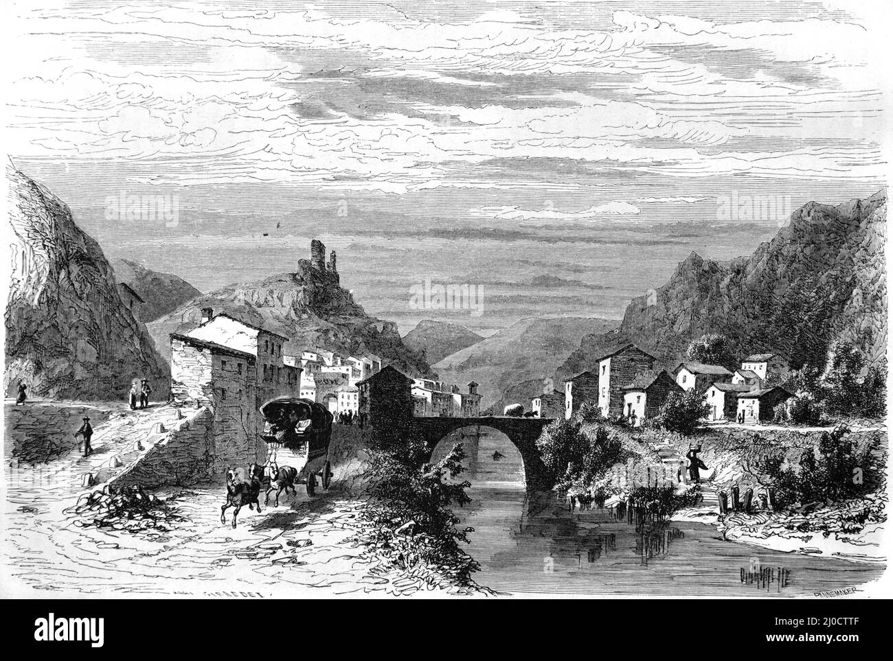 Vista del villaggio e Ponte di pietra Vecchio di Pontaix nella Drôme Valle Drôme Francia. Illustrazione o incisione vintage 1860. Foto Stock