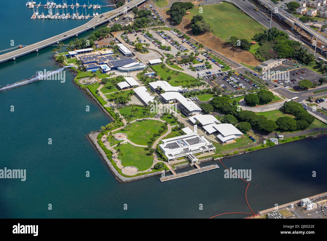 Arizona Memorial Center, Pearl Harbor, Honolulu, Oahu, Hawaii Foto Stock