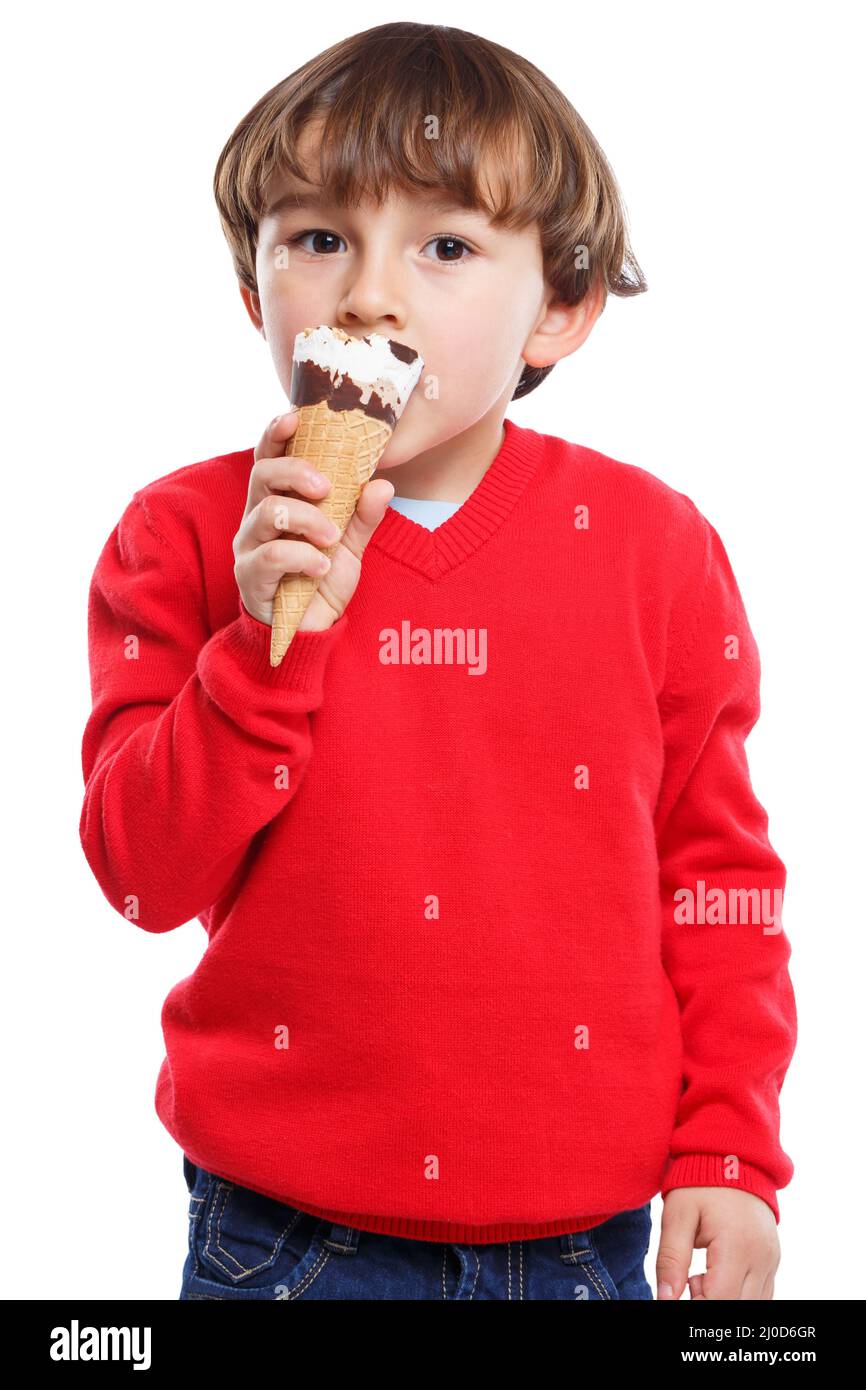 Ragazzo bambino gelato che lecca mangiare estate ritratto isolato tagliato Foto Stock