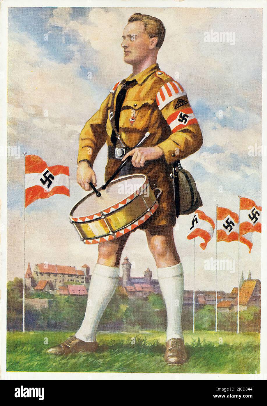 Propaganda nazista tedesca 1937. 'Norimberga Rally' (Reichsparteitag Nürnberg). Pittura da cartolina di un membro in uniforme della Gioventù Hitler. Hitlerjugend. Foto Stock