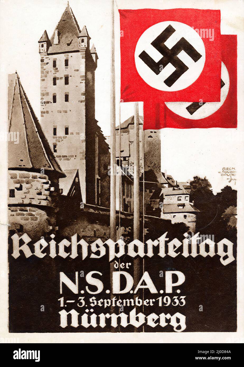 Cartolina della propaganda per il Congresso del Partito del 5th, il 'Rally della Vittoria' - propaganda nazista. Nürnberg 1933. Opere d'arte di Siegmund von Suchodolski. Swastika. Foto Stock