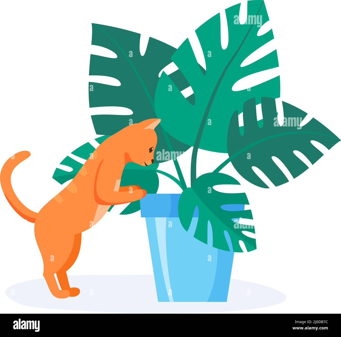 Naughty gatto rosso cercando di mangiare casa pianta. Mal si comporta animale domestico distruggendo pianta della casa. Animale domestico che guarda in vaso del fiore. Vettore stile piatto Illustrazione Vettoriale