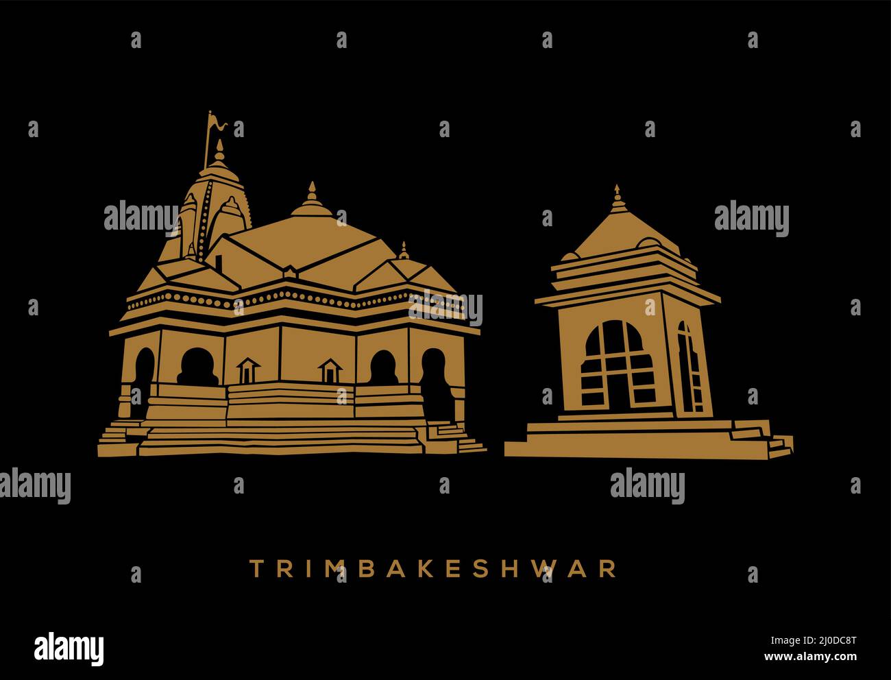 lord shiva (Trimbakeshwar Jyotirlinga) icona vettore tempio. Tempio di Trimbakeshwar di colore dorato. Illustrazione Vettoriale