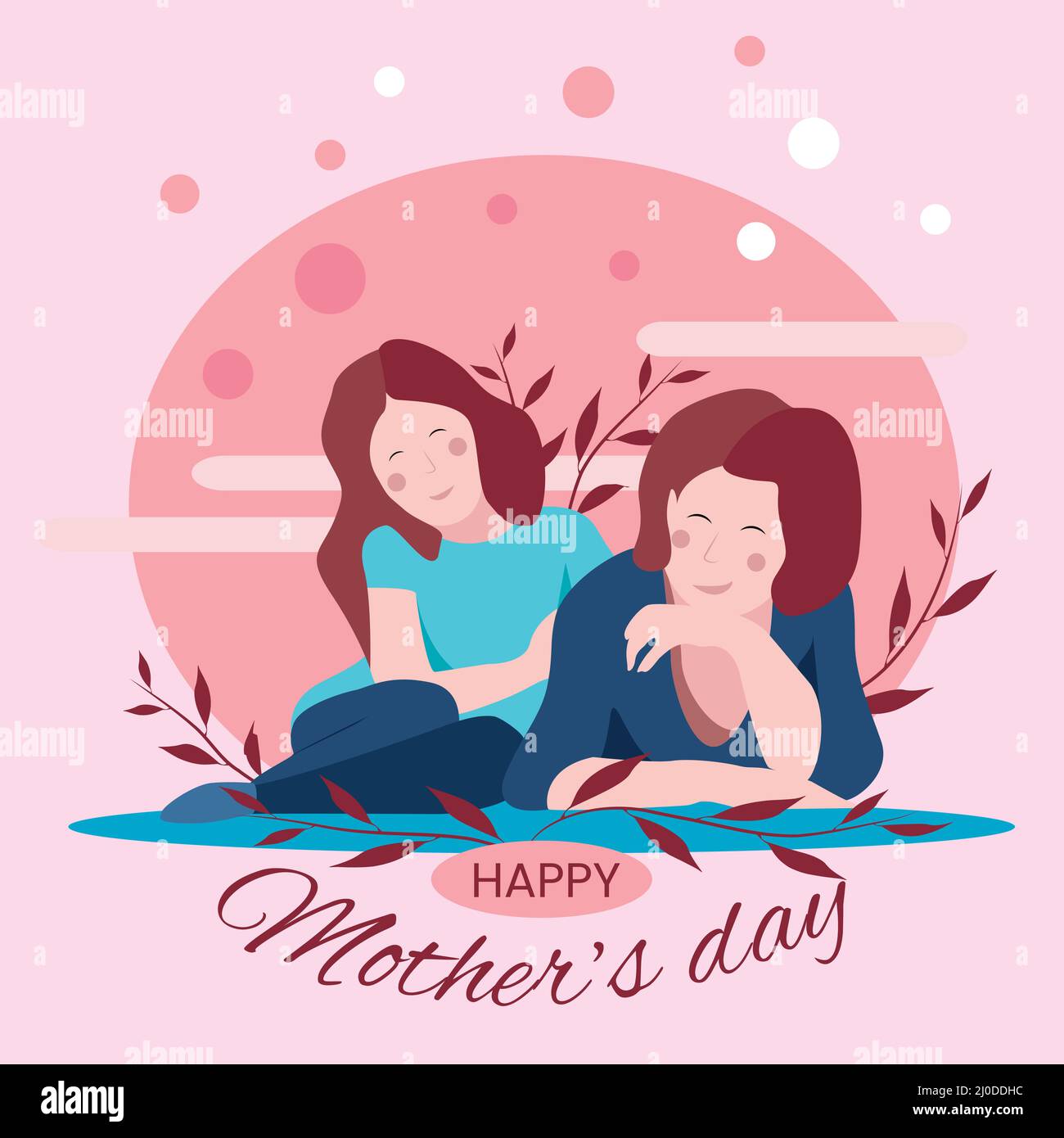 Vettore di disegno piatto di una madre e di una figlia che giacciono sul pavimento sorridendo e amando. Il giorno della madre Illustrazione Vettoriale