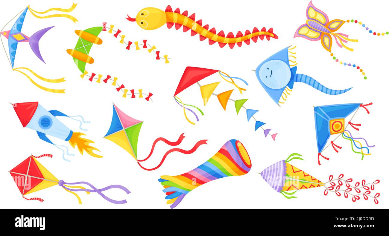 I kites di volo del cartone animato nelle varie forme, i giocattoli colorati del vento dei capretti. Farfalla, aquilone di diamante per il festival, outdoor estate attività vettore set. Intrattenimento per il tempo libero d'infanzia, aquiloni di carta isolati Illustrazione Vettoriale
