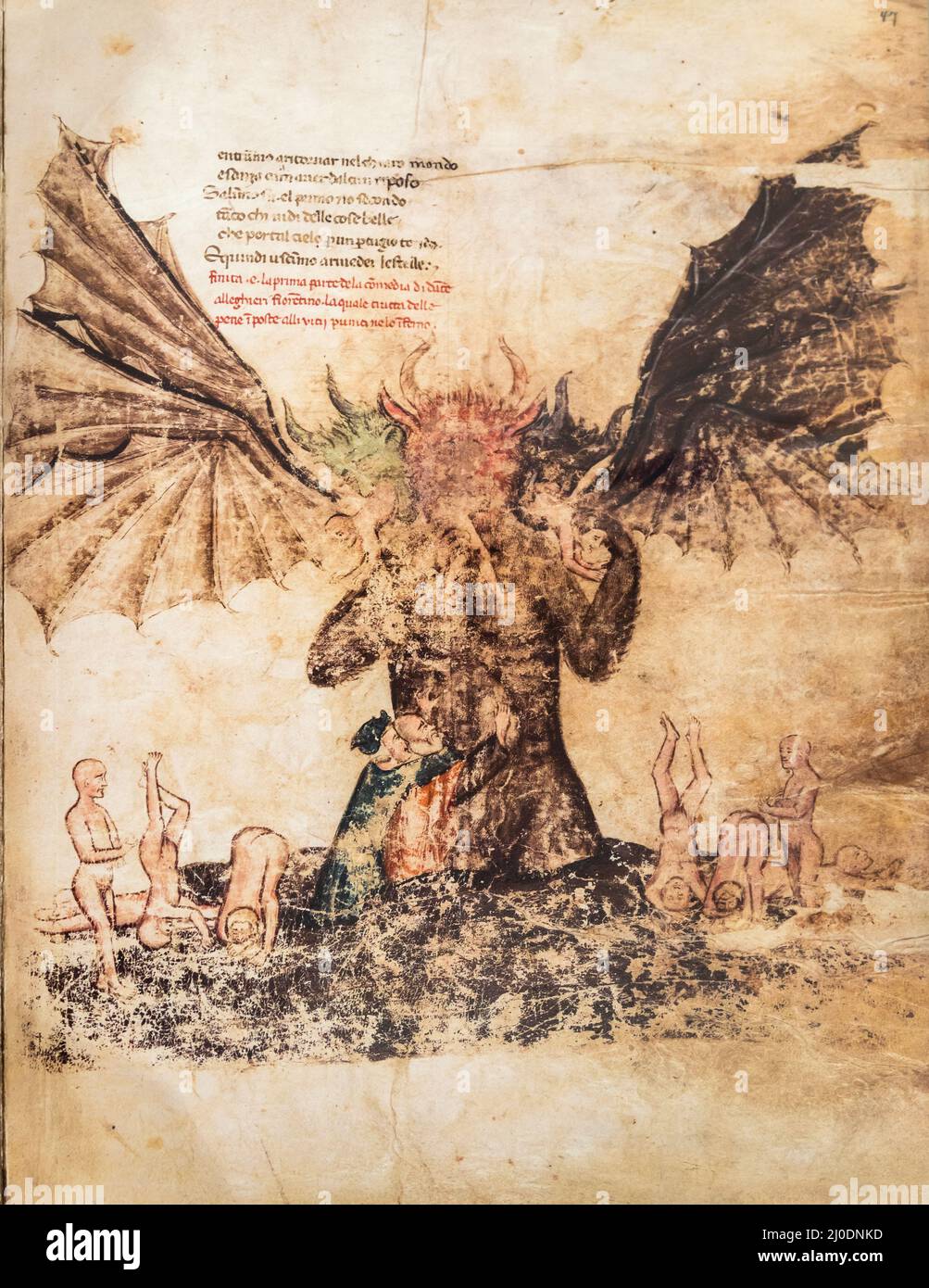 FIRENZE, ITALIA - circa 2021 luglio. Antico manoscritto da un libro gotico con illustrazione satanica dell'inferno, copia del 16th secolo. Foto Stock