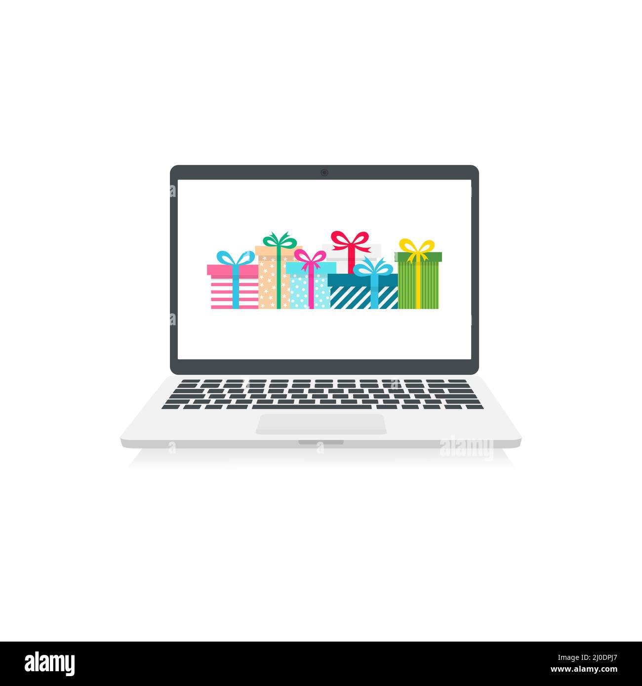 Notebook con regali. Concetto di vacanza. Colorful presenta le scatole nel luogo del Internet. Shopping online. Illustrazione Vettoriale