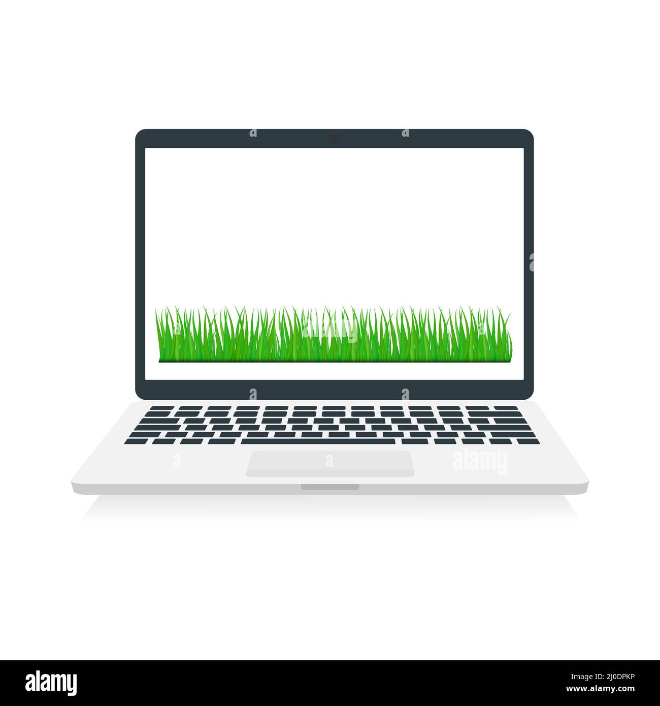Computer portatile con erba verde su schermo bianco. Moderno dispositivo informatico con spazio per la copia. Illustrazione Vettoriale