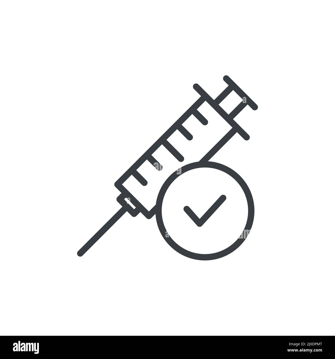 Siringa con icona a linea con segno di spunta. Simbolo della vaccinazione. Illustrazione Vettoriale