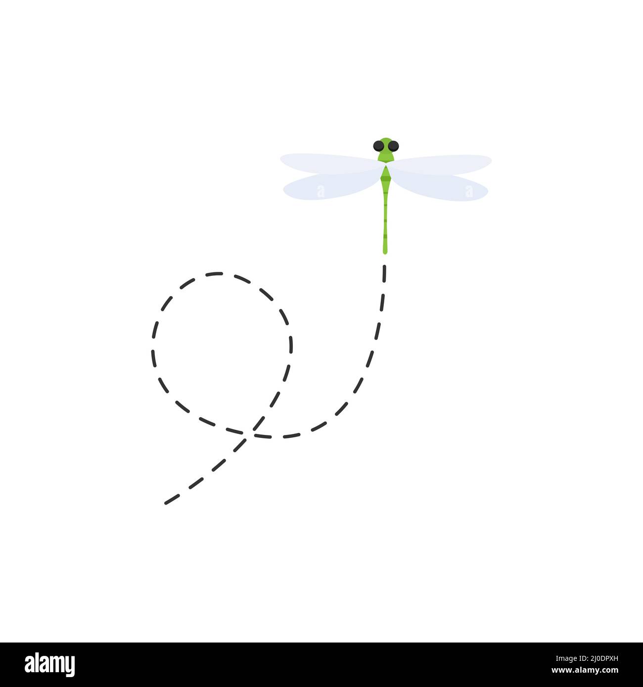 Libellule carine con linea tratteggiata percorso. Fling verde libellula Illustrazione Vettoriale