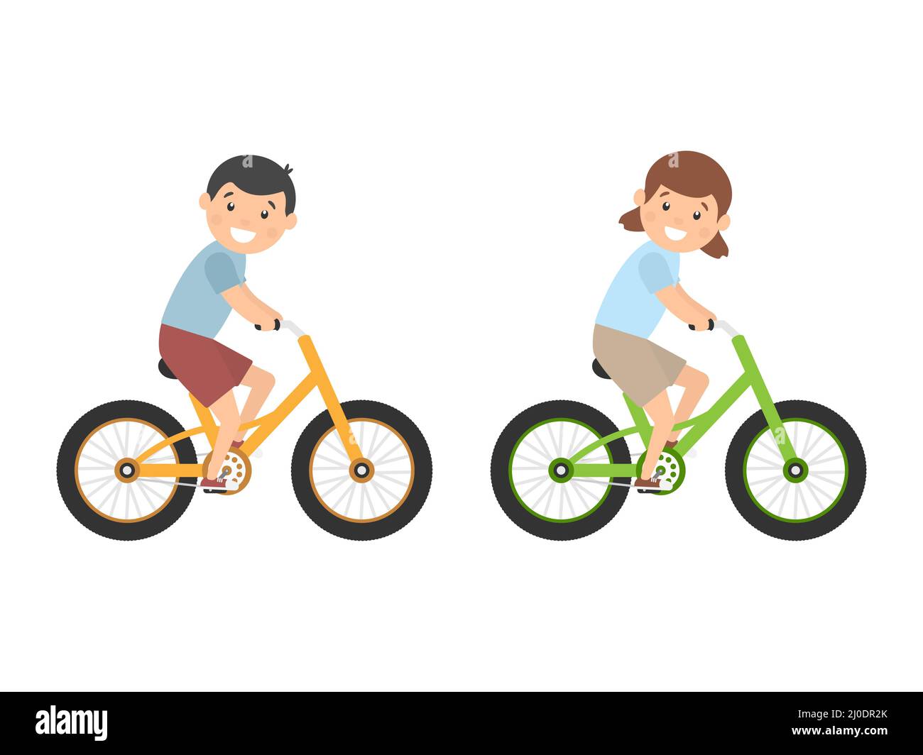 Bambini simpatici e felici che cavalcano le biciclette. Moto da ragazza e ragazzo. Stile di vita sano. Illustrazione Vettoriale