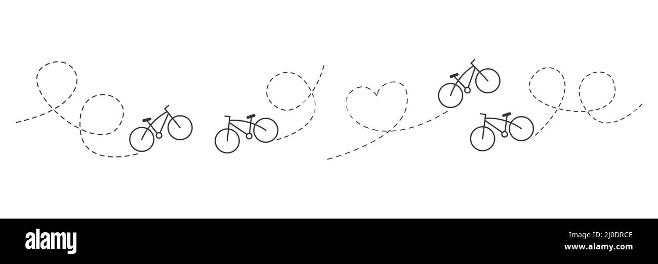 Chilometraggio della bicicletta con punto di partenza. Bicicletta e percorso. Simbolo della destinazione del viaggio. Illustrazione Vettoriale