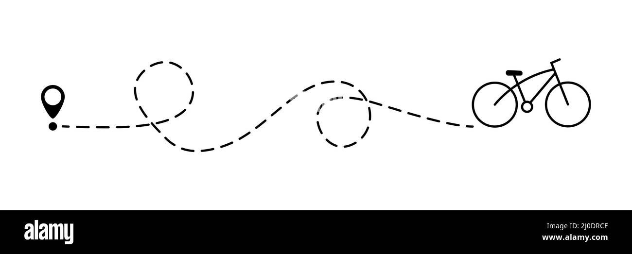 Chilometraggio della bicicletta con punto di partenza. Bicicletta e percorso. Simbolo della destinazione del viaggio. Illustrazione Vettoriale