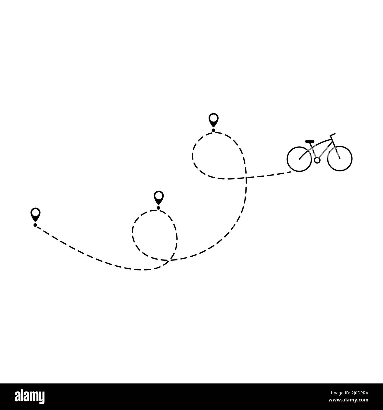 Chilometraggio della bicicletta con punto di partenza. Bicicletta e percorso. Simbolo della destinazione del viaggio. Illustrazione Vettoriale