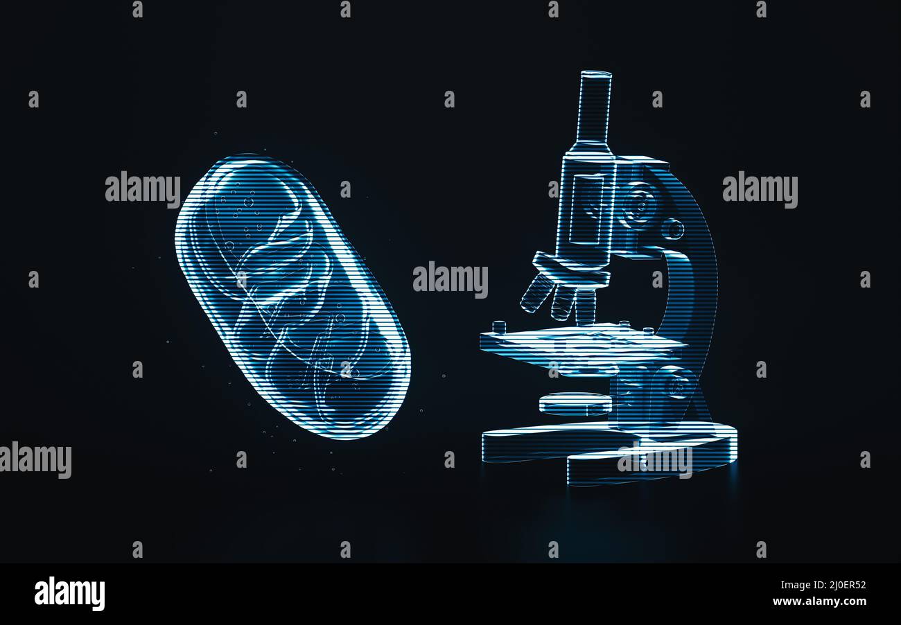Immagine olografica di mitocondri, elemento futuristico, rendering 3D. Disegno digitale del computer. Foto Stock