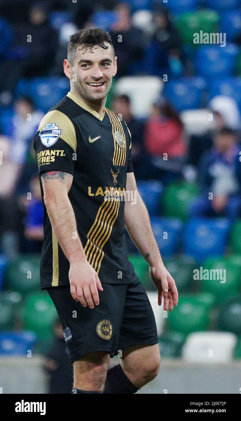 Windsor Park, Belfast, Irlanda del Nord, Regno Unito. 08 Feb 2022. Danske Bank Premiership – Linfield 2 Larne 1. Larne attaccante David McDaid. Foto Stock