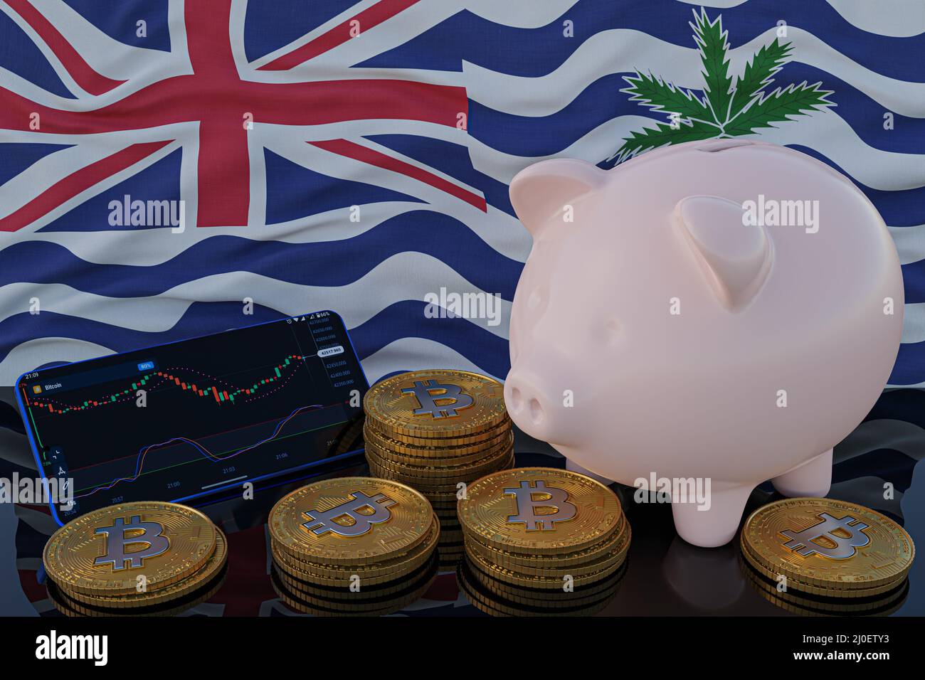 Investimento in Bitcoin e criptovaluta. Bandiera britannica dell'Oceano Indiano sullo sfondo. Piggy banca, il concetto di risparmio. Applicazione mobile per trading su st Foto Stock