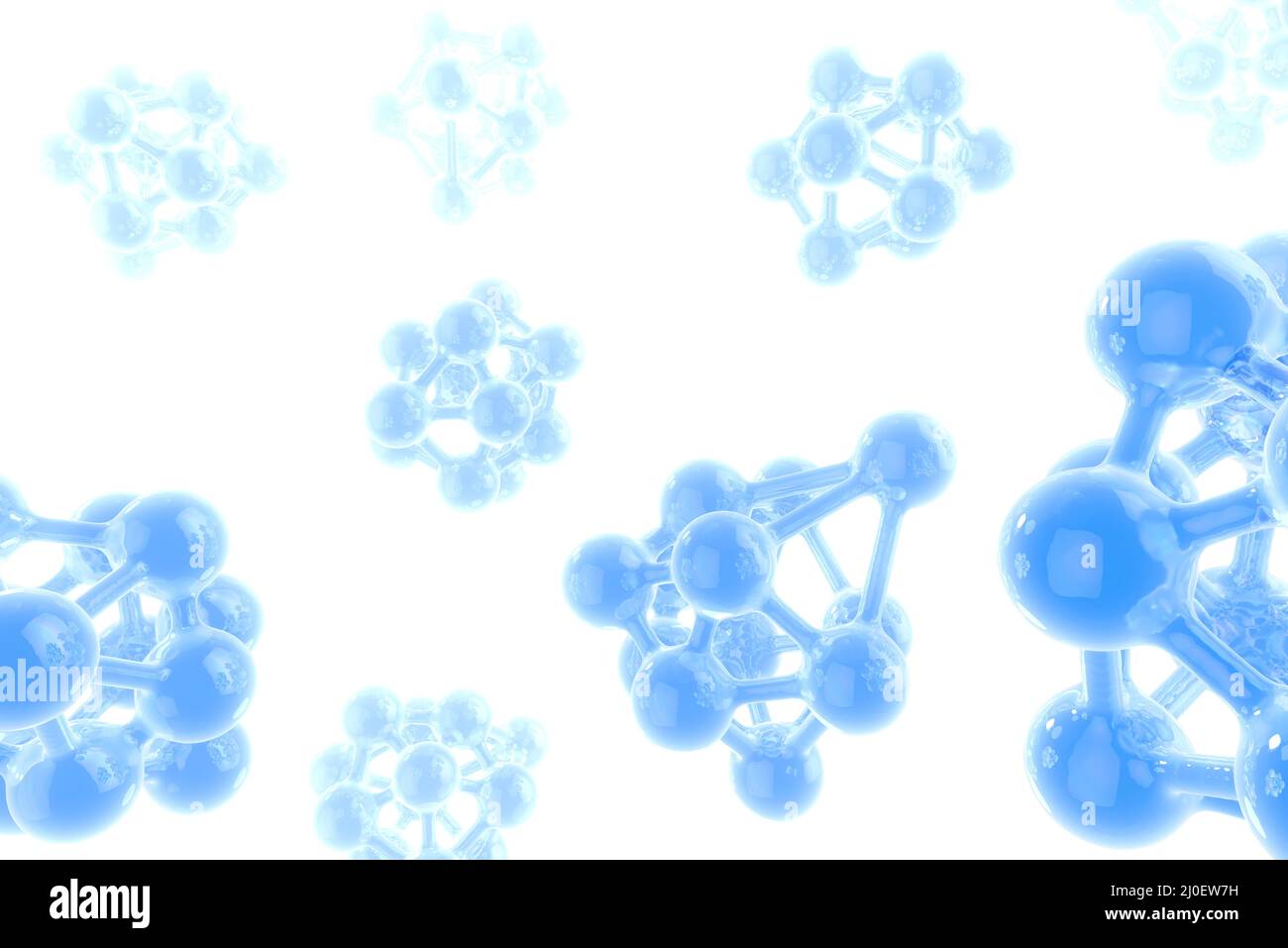 Molecole blu che volano nello spazio solate su sfondo bianco. Illustrazione 3d astratta medica o scientifica Foto Stock