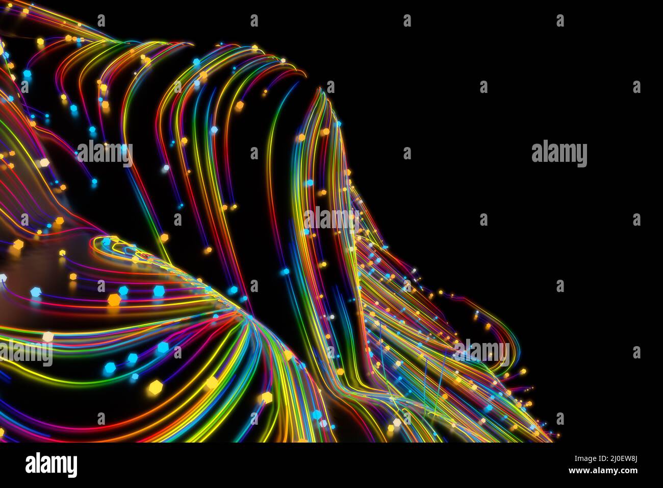 Linee cosmiche ritorte al neon sulla superficie lucida. I ricci turbolenti fluiscono con un movimento colorato. Fluido e liscio astronomia vorté Foto Stock