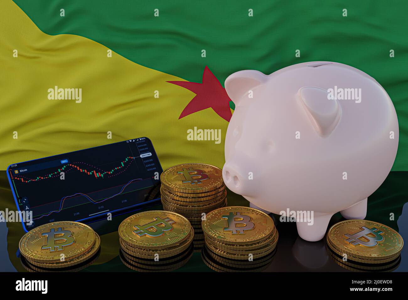 Investimento in Bitcoin e criptovaluta. Bandiera della Guiana francese sullo sfondo. Piggy banca, il concetto di risparmio. Applicazione mobile per la negoziazione di azioni. 3d Foto Stock