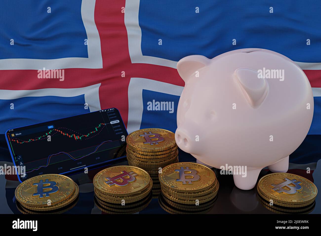 Investimento in Bitcoin e criptovaluta. Bandiera dell'Islanda sullo sfondo. Piggy banca, il concetto di risparmio. Applicazione mobile per la negoziazione di azioni. 3d rende Foto Stock