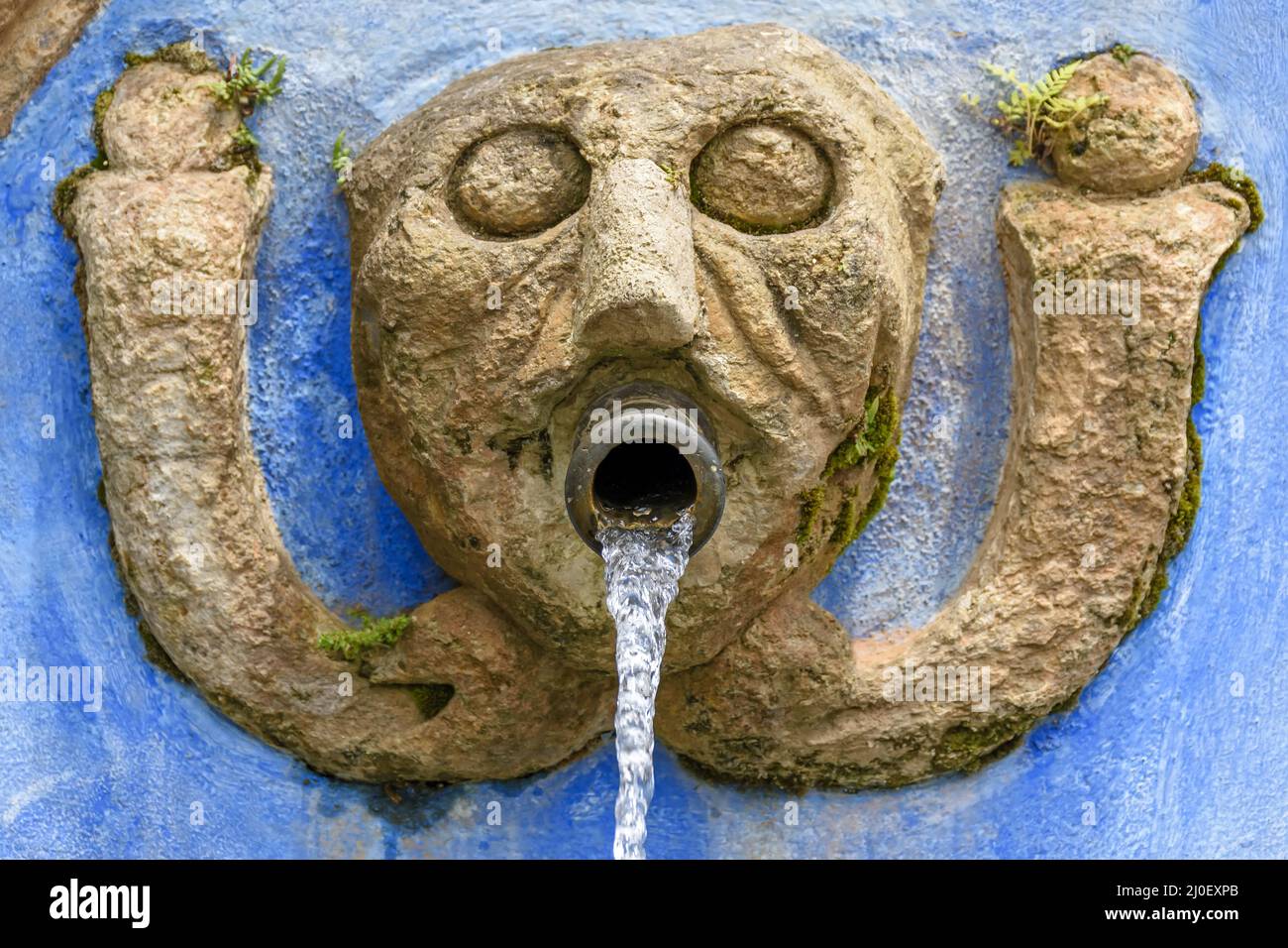 Fontana con acqua che si versa dalla bocca di una figura di pietra Foto Stock