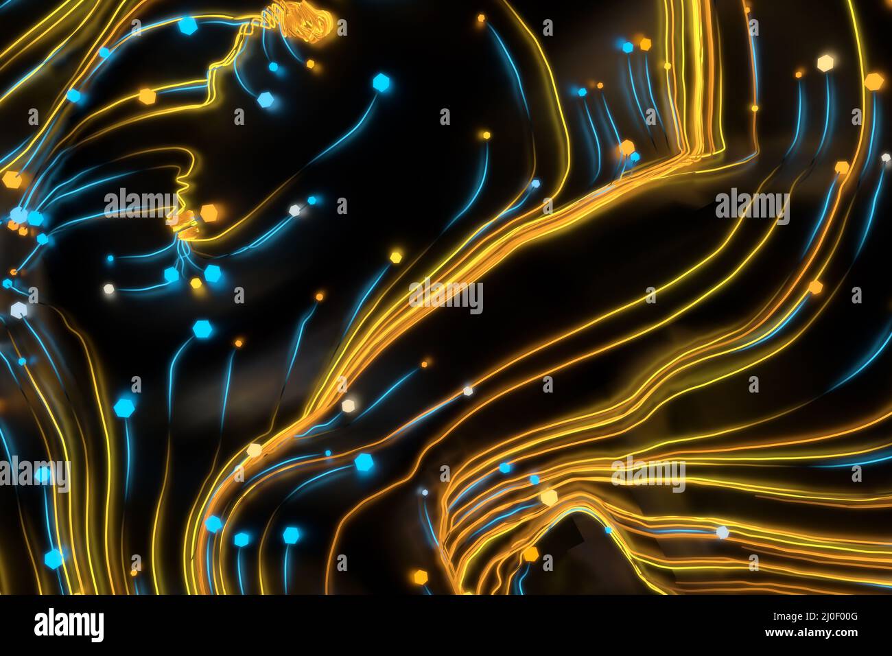 Linee cosmiche ritorte al neon sulla superficie lucida. I ricci turbolenti fluiscono con un movimento colorato. Fluido e liscio astronomia vorté Foto Stock