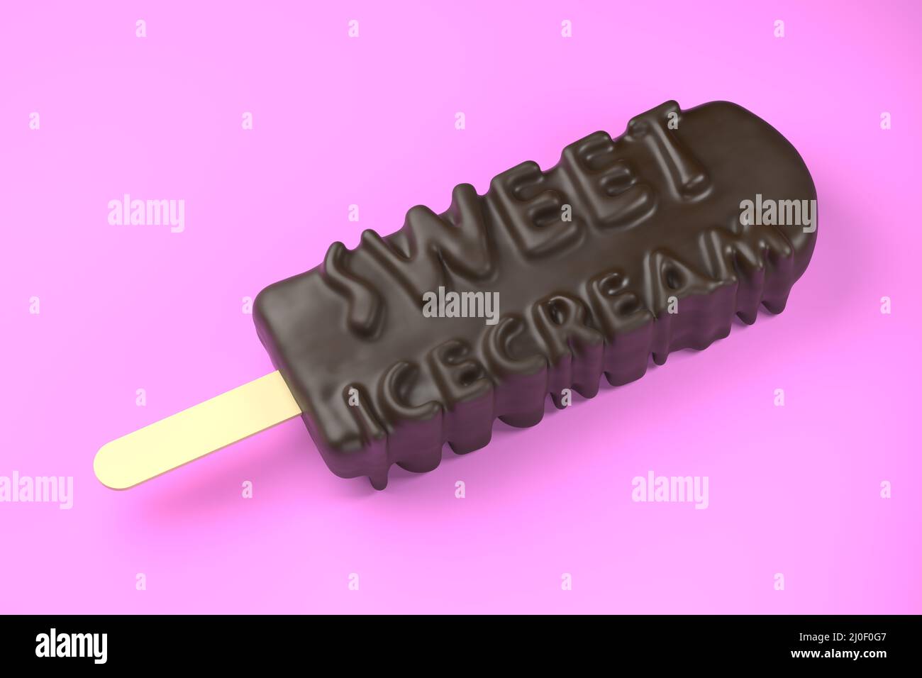 Testo in sicecream dolce sul gelato al cioccolato classico isolato sopra immagine 3d su sfondo rosa Foto Stock