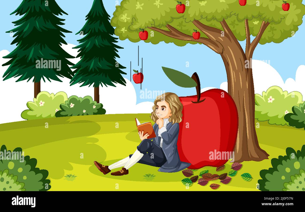 Isaac Newton seduto sotto l'illustrazione dell'albero della mela Illustrazione Vettoriale