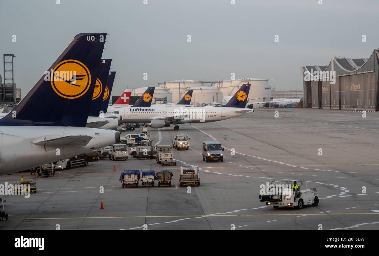 Aeroplani di Lufthansa sulla pista al terminal 1 dell'aeroporto internazionale di Francoforte in Germania Foto Stock