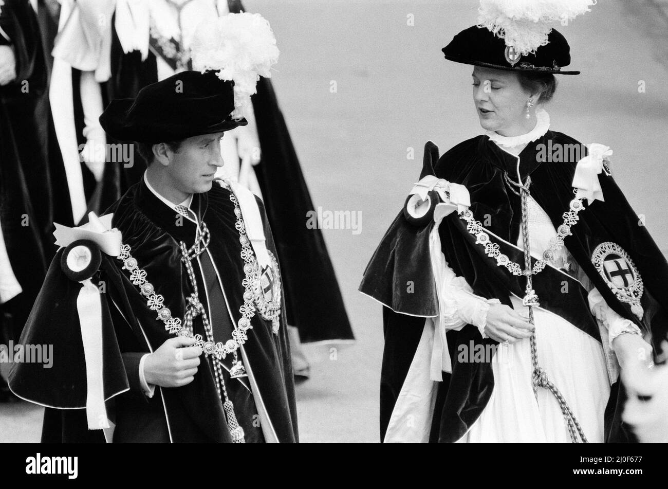 Sua altezza reale il prezzo del Galles scorta la sua maestà Margrethe II Regina di Danimarca all'ordine del servizio Garter. 16th giugno 1980. Foto Stock