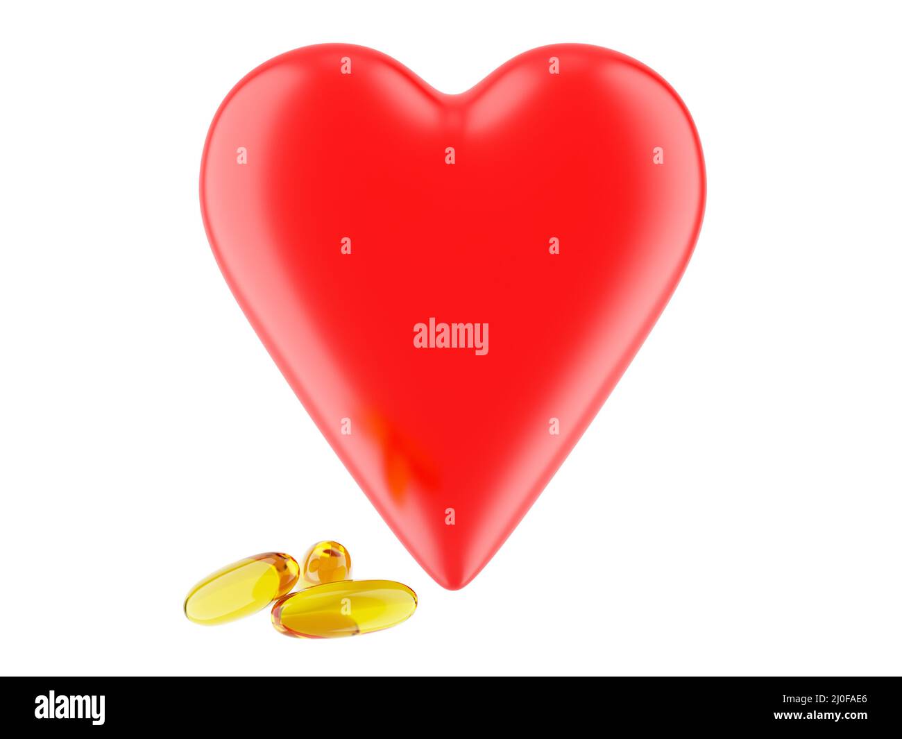 Un cuore rosso con tre capsule di gelatina accanto ad esso. Rendering 3D Foto Stock